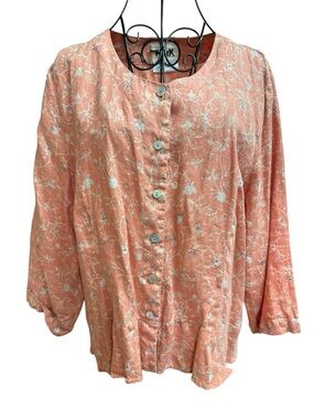 FLAX Boho Relaxed Fit Coral Floral Button-Front Women’s Top Large